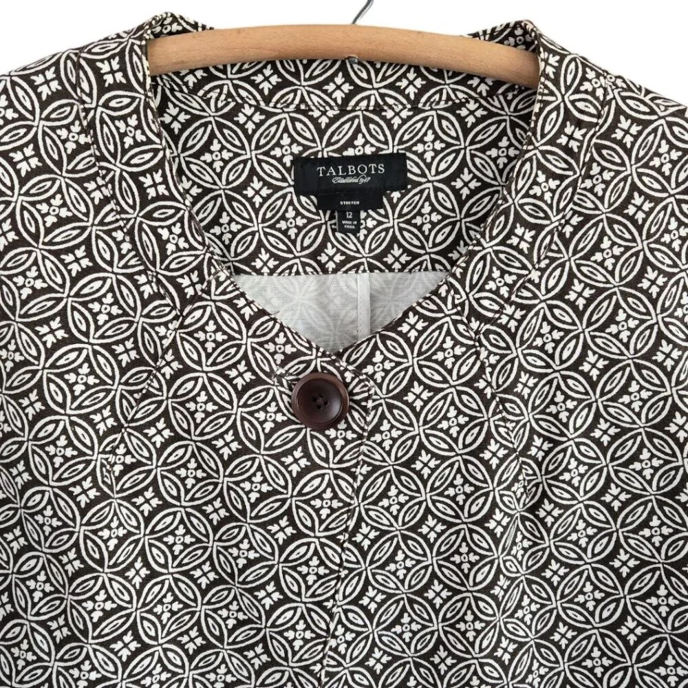 Talbots Womens Short Swing Jacket Size 12 Brown & White Patterned Button-Front - Picture 3 of 7